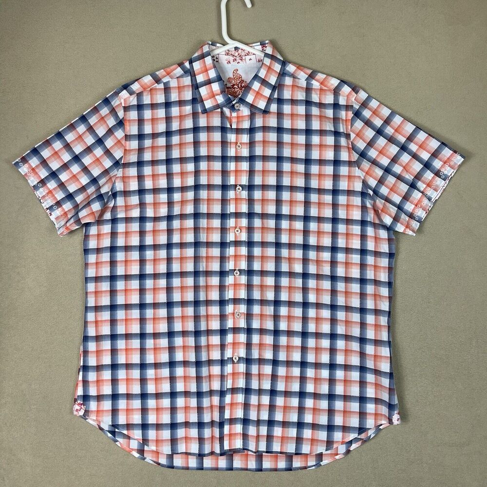Robert Graham Shirt Mens XXL White Blue Red Plaid Button Up Casual Adult